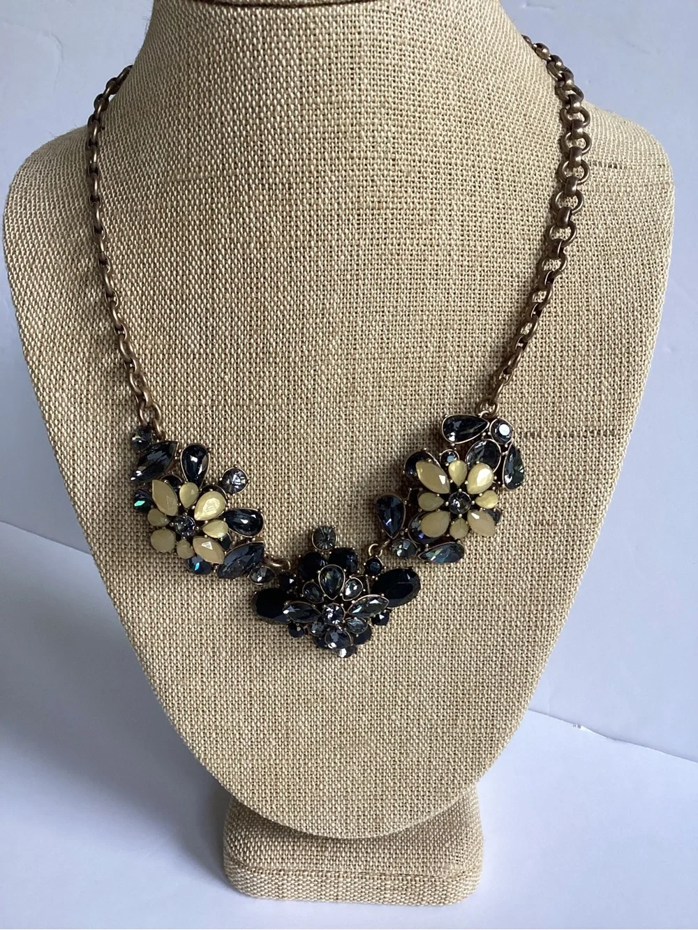 J. Crew Floral Crystal Statement Bib Necklace Black Gold Tone Maximalist